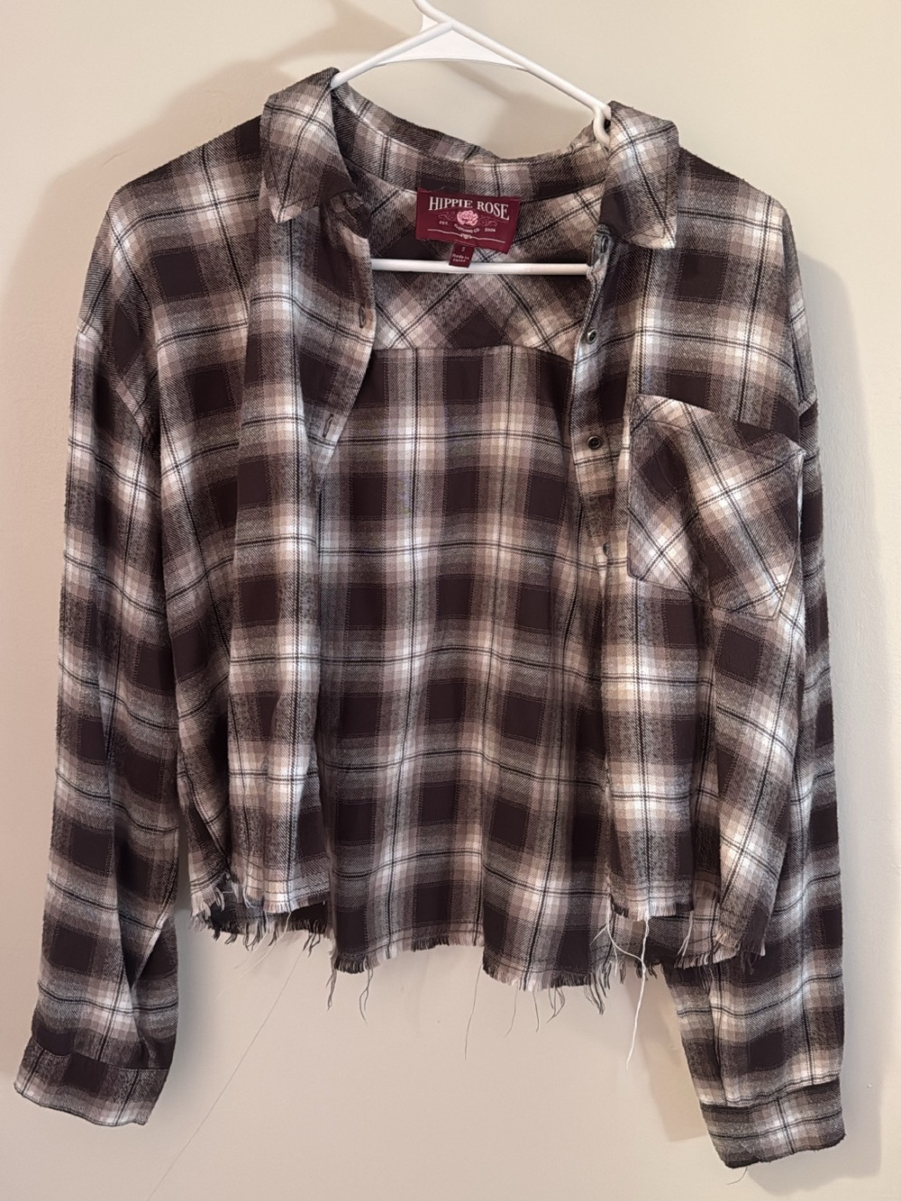 Hippie Rose Brown and Cream cropped Plaid Button-Down Shirt